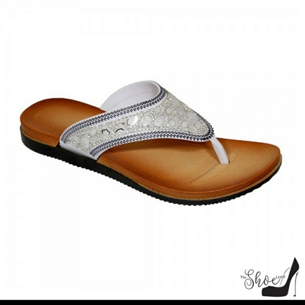 3 PAIR SET Dana Black, Brown, & White Jeweled Thong Flip Flops - Picture 8 of 12